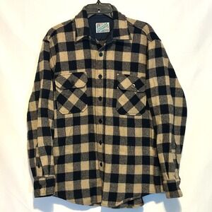 Vintage 100% Wool Shacket Mens Large Outdoor Exchange Blue Tan Flannel Button Up